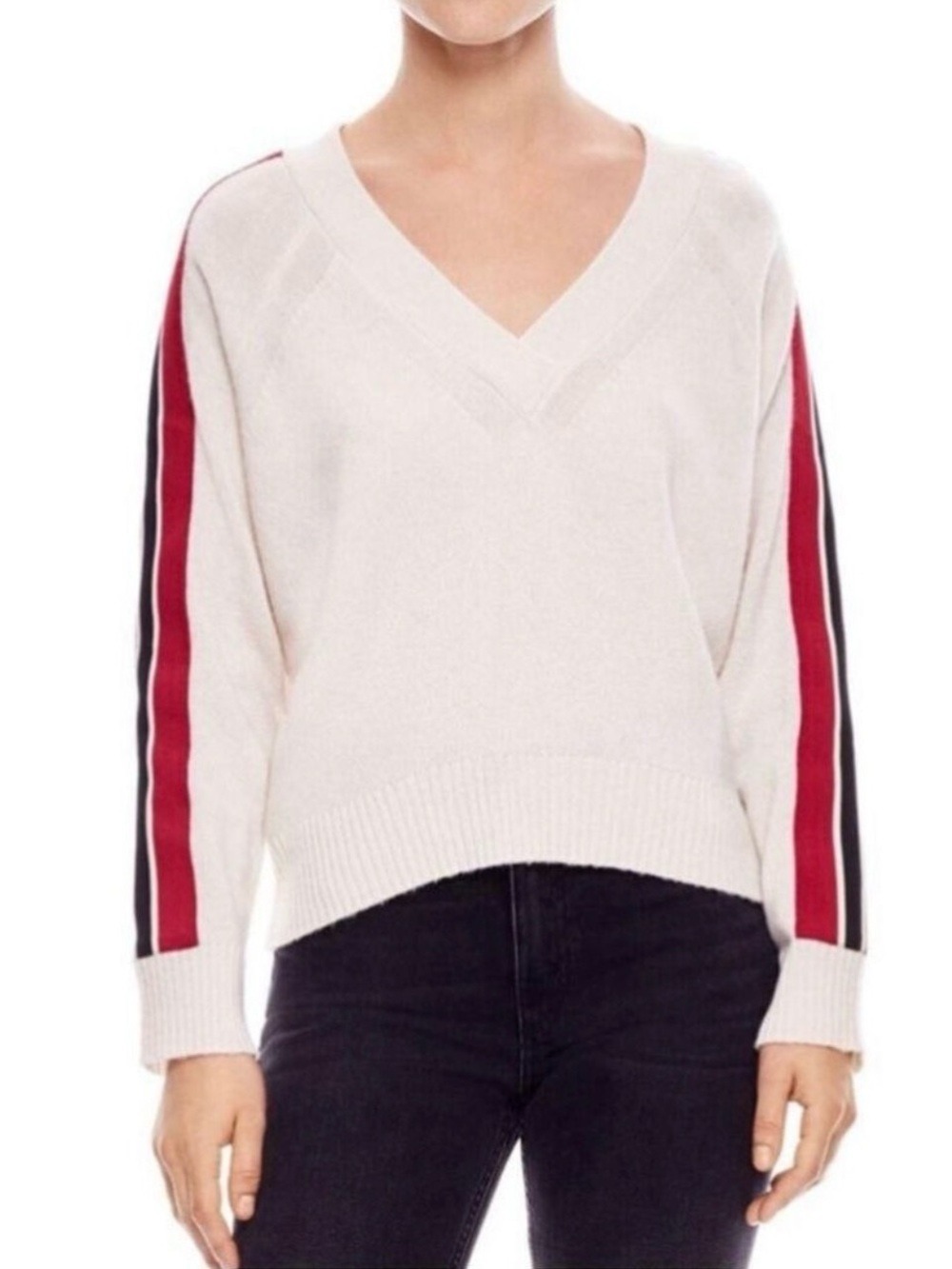 Sandro Paris Varsity Wool Sweater V-Neck Stripe Pullover Medium Womens